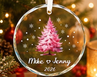 Personalisierter Weihnachtsschmuck aus Glas für Paare, Namensanhänger in Aquarelloptik, romantisches Geschenk zum ersten gemeinsamen Weihnachtsfest