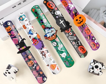 Halloween Slap Bracelet Kids Pumpkins Snap Wristbands Halloween Party Gift Kindergarten Gift Silicone Slap Bracelet Bands Candy Free Kid Toy