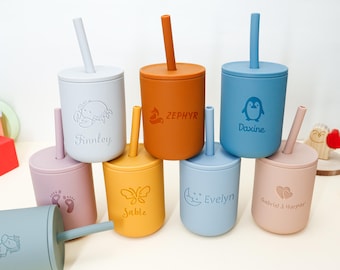 Custom Engraved Baby Silicone Cup, Personalized Leak-Proof Straw Tumbler, Silicone Sippy Cup with Straw, First Birthday, Baby Shower Gifts