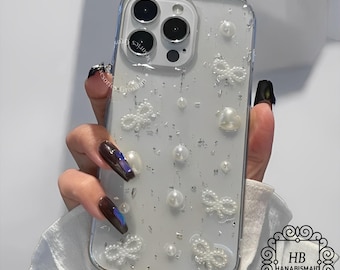 3Dパールハートリボン透明グリッターケース iPhone用 スタイリッシュ保護、キラキラ電話ケース、グリッター電話カバー