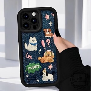 Dog Embroidery Denim Phone Case Unique and Cute Design for Puppy Lovers,Cute iPhone Case,Soft iPhone Cover,Aesthetic Case,Rubber Phone Case