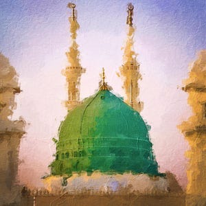 Photo of the Green Dome of the Nabawi Mosque with a Rough and Hight Detail Abstract Painting Style, Prophet&#39;s Mosque, Dome of the Prophet