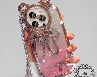 Glitterbeer telefoonhoesje met flip-lens voor iPhone Zachte TPU-behuizing, sprankelend telefoonhoesje, telefoonhoes glitter: