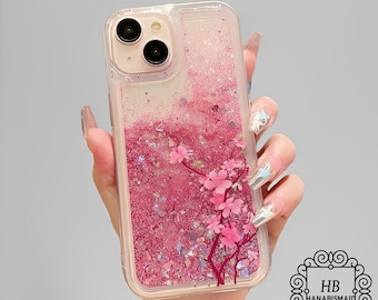 Sakura Cherry Blossoms Liquid Quicksand Pink Flower Phone Case For iPhone, Sparkly Phone Case, Glitter Phone Cover