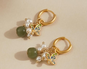 Natural Jade Huggies Earrings, Dainty Pearl Hoops, Jade Hoop Earrings with Charms, Charms Butterfly Pearl Earrings, Minimalist Hoop Earrings