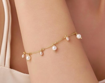 Dainty Freshwater Pearl Bracelet, Natural Pearl Charm Bracelet, Wedding Bracelet for Her, Station Pearl Bracelet, Valentine's gift