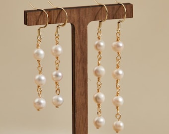 Real Freshwater Pearl Drop Earrings,S925 Sterling Silver Hoop Earrings,Wedding Pearl Earrings,Bridal Gift,Dangle Multiple Pearl Earrings