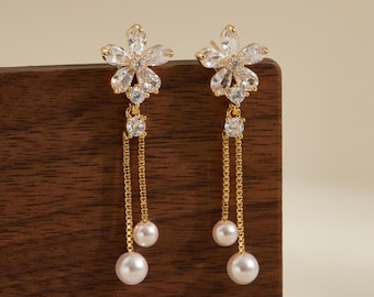 Twin Pearl Diamond Flower Dangle Earrings, Wedding Dangle Earrings, 14k Gold Pearl Earrings, Floral Earrings, Bridal Gift, Pearl Jewelry