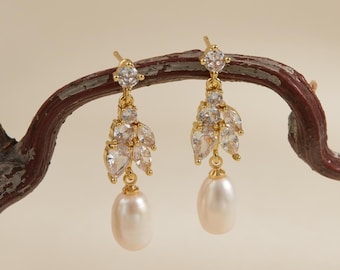 Freshwater Pearl Diamond Crystal Earrings, Bridal Pearl Jewelry, Wedding Gift Set, Earrings for Bridesmaid, Dangle Pearl Earrings