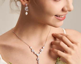 Natural Freshwater Pearl Wedding Necklace, Wedding Jewelry Set, Pearl Necklace with Diamond, Bridal Gift, Bridesmaid Jewelry Set