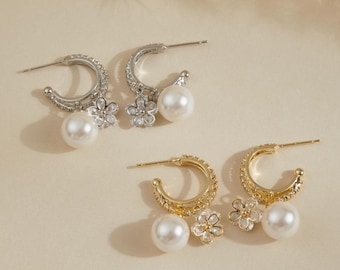 Minimalist Pearl Hoop Earrings, Dainty Flower Charm Hoops, Silver Pearl Earrings, Gold Fashion Earrings, Bridal Earrings