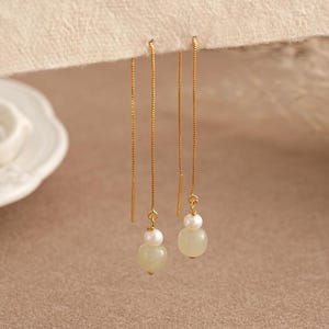 Natural Pearl Threader Earrings with Jade,Real Jade Threader drop Earrings,Natural stone Earrings,Minimalist Earrings for Her,Gift for Her