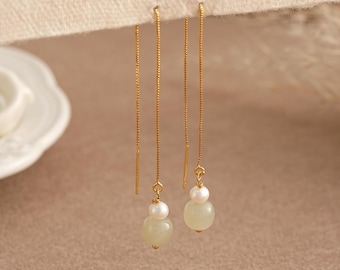 Natural Pearl Threader Earrings with Jade,Real Jade Threader drop Earrings,Natural stone Earrings,Minimalist Earrings for Her,Gift for Her