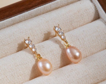 Delicados pendientes de perlas de agua dulce auténticas con diamantes, pendientes colgantes de perlas rosas, pendientes para damas de honor, pendientes de perlas para bodas, regalo para el Día de la Madre