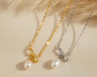 Natural Freshwater Pearl Bow Necklace, Silver Pearl Pendant, Minimalist Bow Knot Necklace, Wedding Pearl Jewelry, Bridal Gift