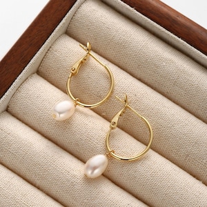 May include: A pair of gold hoop earrings with a single white pearl dangling from each hoop.