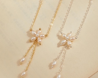 Minimalist Real Pearl Flower Drop Necklace,Wedding Necklace and Earring set,Bridal Jewelry Set,Botanical-inspired jewelry,Floral Jewelry Set