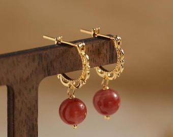 Minimalist Gold Hoop Earrings,Red Carnelian Huggies Hoop,Dainty Sterling Silver Huggie,Healing Stone Jewelry,Jade Earring,Natural Pearl Hoop