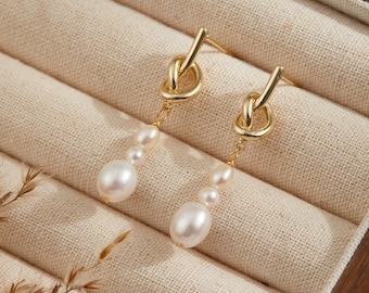 Real Freshwater Pearl Knot Earrings, Multiple Fine Pearl Drop Earring, Graduated Pearl Earrings, French Style Jewelry, Wedding Pearl Jewelry