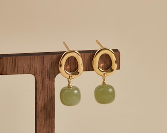 Natural Green Jade Earrings, Minimalist Jade Drop Earrings, Energy Green Jade Jewelry, Green Jade Jewelry Set, Lake Green Jade Earrings