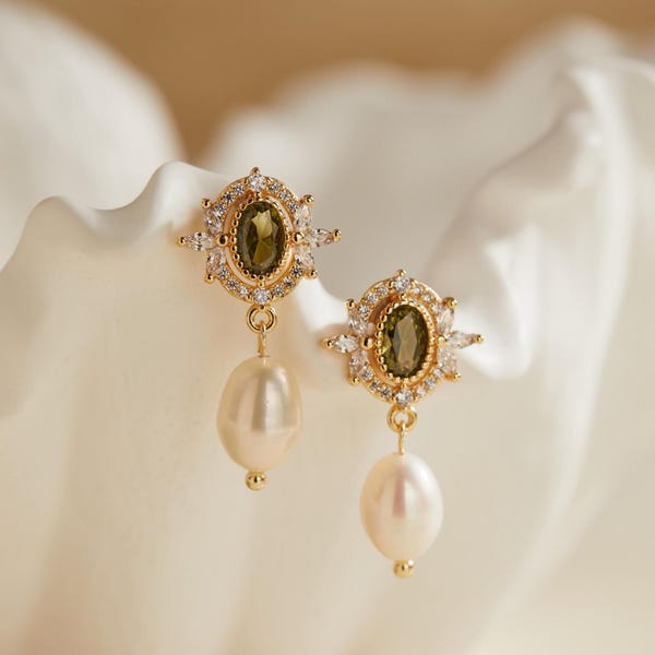 Real Freshwater Pearl Earrings with Crystal, Dainty Single Pearl Peridot Earrings, Healing Stone Earrings, Earrings for Women, Gift for Her