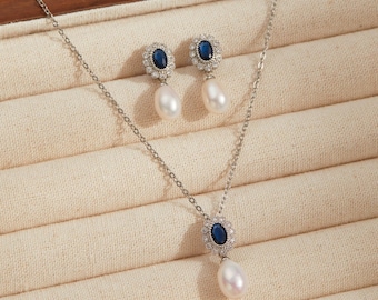 Natural Freshwater Pearl Earring with Blue Sapphire, Wedding Jewelry Set, Silver Pearl Earring and Necklace, Something Blue Bridal Jewelry