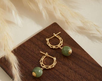 Dainty Green Jade Hoop Earrings,Minimalist Sterling Silver Huggies,Gold Mini Hoops,Jade Beaded Hoops,Energy Stone Jewelry,Birthstone Jewelry