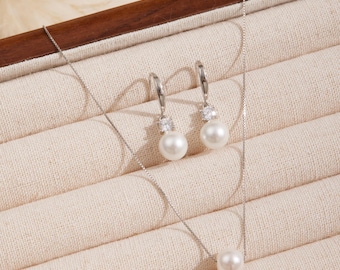 S925 Sterling Silver Pearl Wedding Jewelry Set, Dainty Silver Bridesmaid Hoop Earrings,Wedding Silver Bridal Necklace,Silver Wedding Hoops