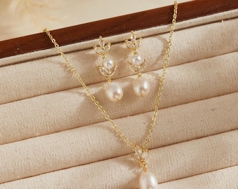 Real Freshwater Pearl Jewelry with Diamond, Pearl Jewelry Set for Bridesmaid, Event Diamond Jewelry Set, Minimalist Pearl Set for Bridal