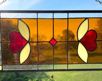 Handcrafted Hearts Stained Glass Window Panel: Art Deco Decor