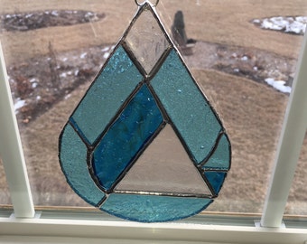 Stained Glass Raindrop - Waterdrop - Teardrop - 7" x 5" - Blue  and Clear- Suncatcher - Ornament - Gift