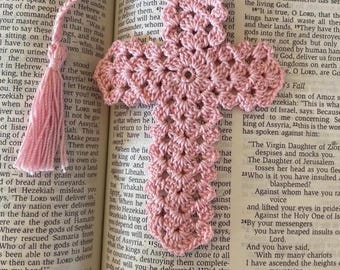 Handmade Crochet Cross Bookmark - Cotton Religious Gift - Pink
