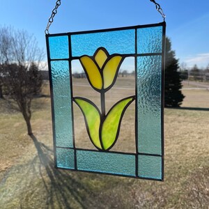 Handcrafted Stained Glass Tulip Suncatcher: Yellow Floral Window Panel