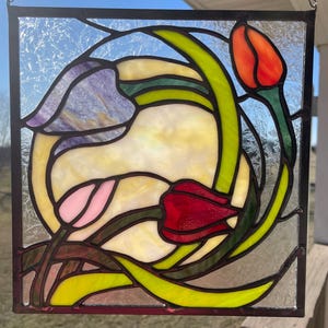 Handcrafted, Tulips - Stained Glass - Window Suncatcher - Tulips Stained Glass - Panel - Glass - Flowers - Stained Glass Panel