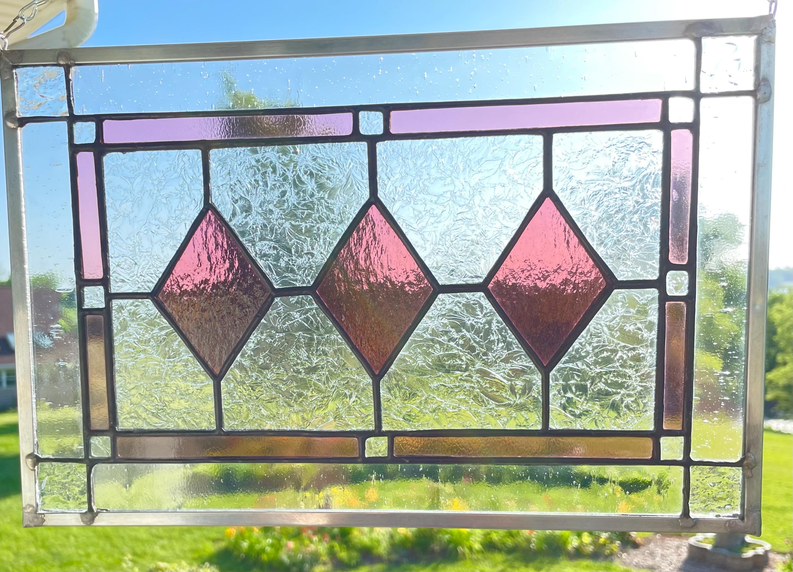 Art Deco, Raspberry/Pink Glass, Stained Glass Panel, Window Panel, Mission, Prairie, Home Decor
