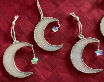 Stained Glass Crescent Moon Suncatcher with Iridescent Star Charm