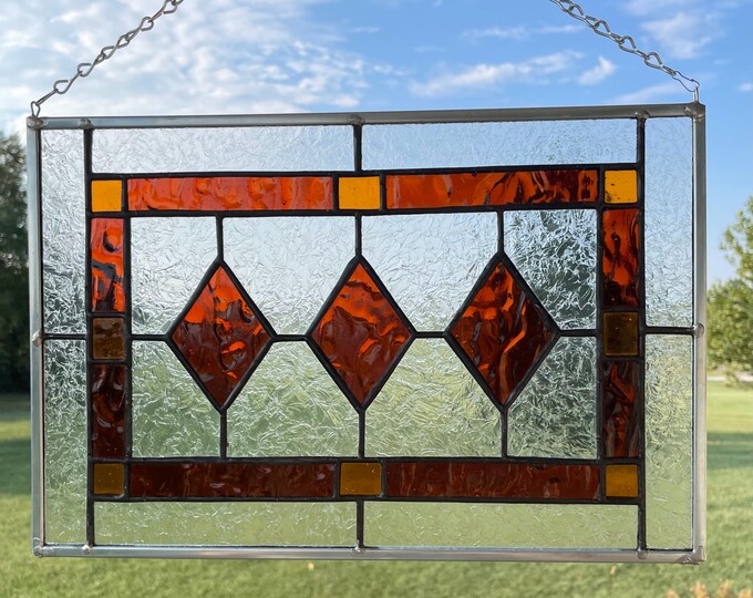 Art Deco Amber Stained Glass Window Panel - 14.25x9.35