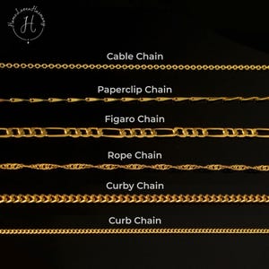 May include: A collection of six gold-toned metal chains displayed horizontally against a black background. The chains are labeled as Cable Chain, Paperclip Chain, Figaro Chain, Rope Chain, Curby Chain, and Curb Chain with white text labels.