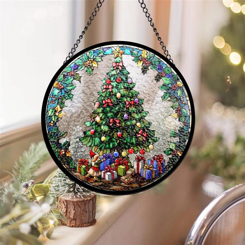 Christmas Tree Glass Suncatcher, Festive Holiday Window Ornament - Etsy