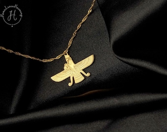 Naszyjnik Faravahar, platerowany 18-karatowym złotem, Ahura Mazda, biżuteria zoroastryjska, łańcuszek mitologiczny