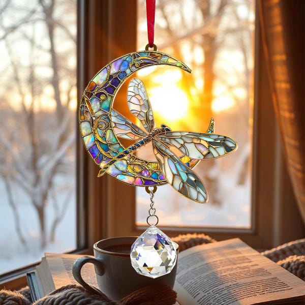Atrapasol de libélula, prisma de cristal, letrero colgante de libélula lunar de acrílico, decoración artística para ventanas, regalo para amantes de la naturaleza, decoración para el hogar