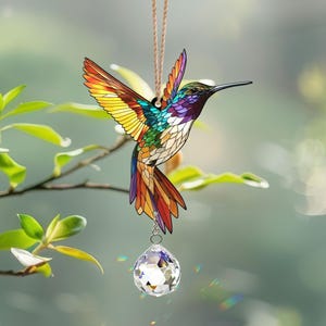 May include: A stained glass hummingbird suncatcher with a crystal prism hanging from it. The hummingbird is colorful with shades of yellow, orange, green, blue, and purple. The crystal prism is clear and reflects light.