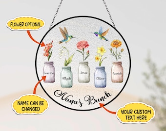 Personalized Stained Glass Suncatcher, Hummingbird Flower Window Decor, Custom Name Gift