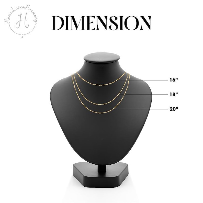 May include: Three gold-toned delicate chains displayed on a black neck form. The chains are labeled with lengths of 16 inches, 18 inches, and 20 inches. The text DIMENSION appears at the top, along with a logo featuring the letter H.