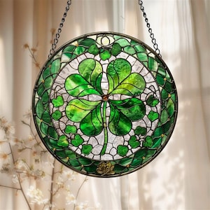 Shamrock Stained Glass Suncatcher Ornament, Gift for St Patrick’s Day, Housewarming Gifts, Irish Gift, Four‑Leaf Clover, St. Patrick&#39;s Day