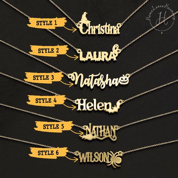 Personalized Halloween Name Necklace, Gold Plated Gothic Jewelry