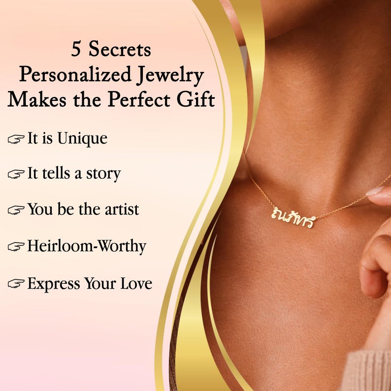 May include: A gold necklace with a name pendant is shown. The necklace is worn on a person's neck. The image also features text that reads "5 Secrets Personalized Jewelry Makes the Perfect Gift". The text also lists the benefits of personalized jewelry.