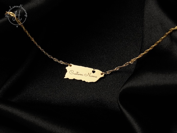 Custom Name Necklace, 18K Gold Plated, Puerto Rico Island Map Necklace