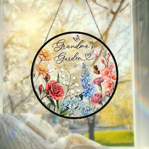 Custom Family Birth Flowers Glass Suncatcher, Mother&#39;s Day Gift, Grandma&#39;s Garden Decor, Flower Glass Art, Botanical Art, Nana&#39;s Blessings