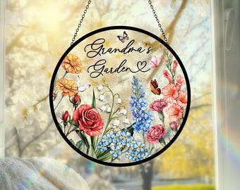 Custom Family Birth Flowers Glass Suncatcher, Mother&#39;s Day Gift, Grandma&#39;s Garden Decor, Flower Glass Art, Botanical Art, Nana&#39;s Blessings